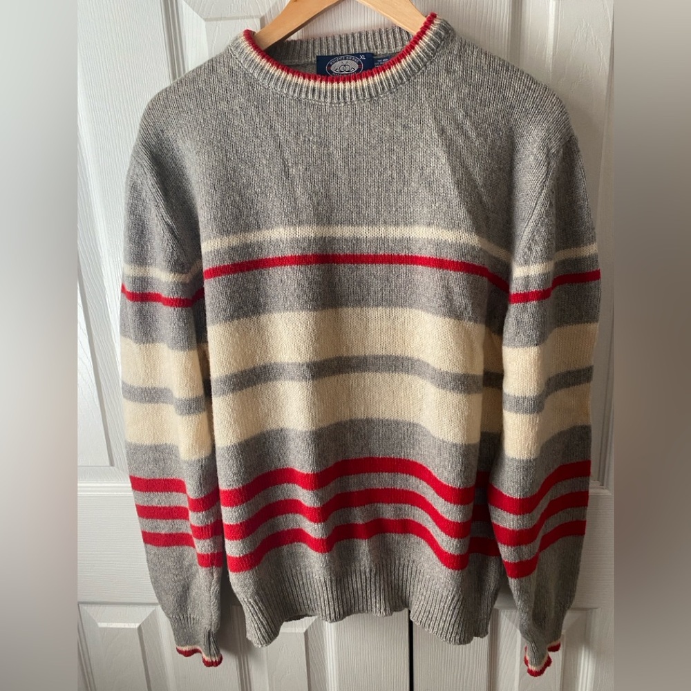 VINTAGE KNIGHT’S BRIDGE Italy Cream/Gray/Red Wool Blend Crewneck Sweater XL